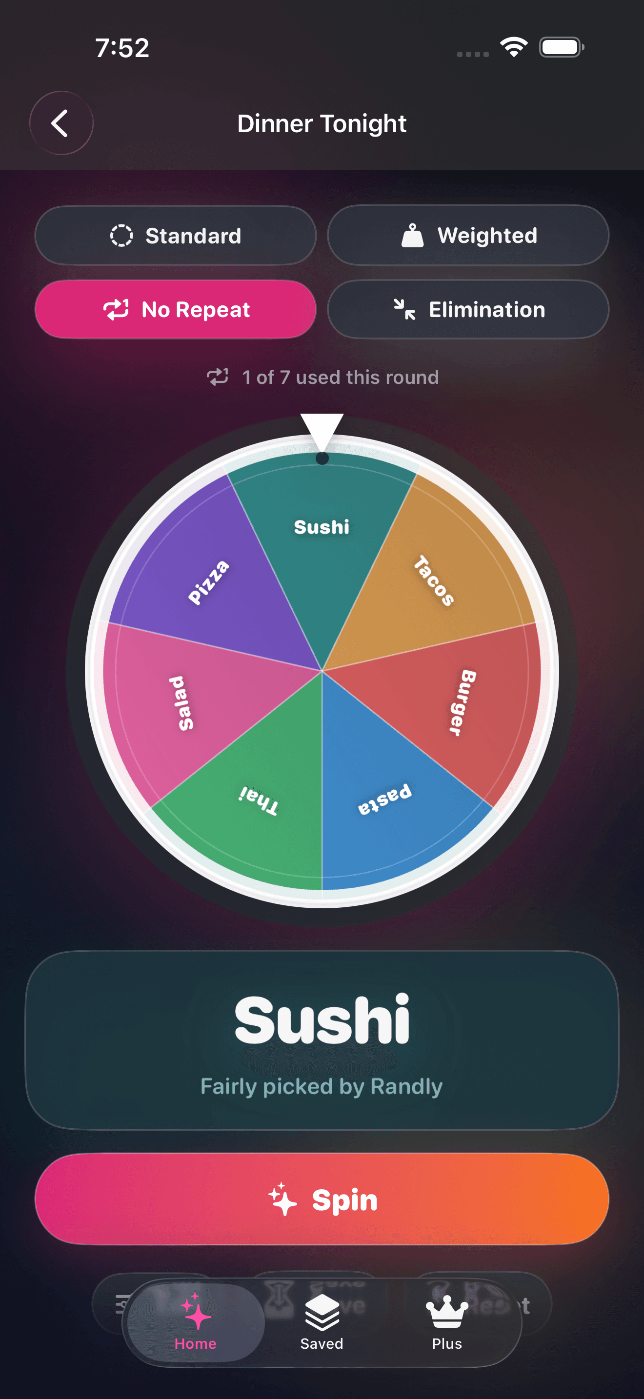 Randly advanced wheel using No Repeat mode
