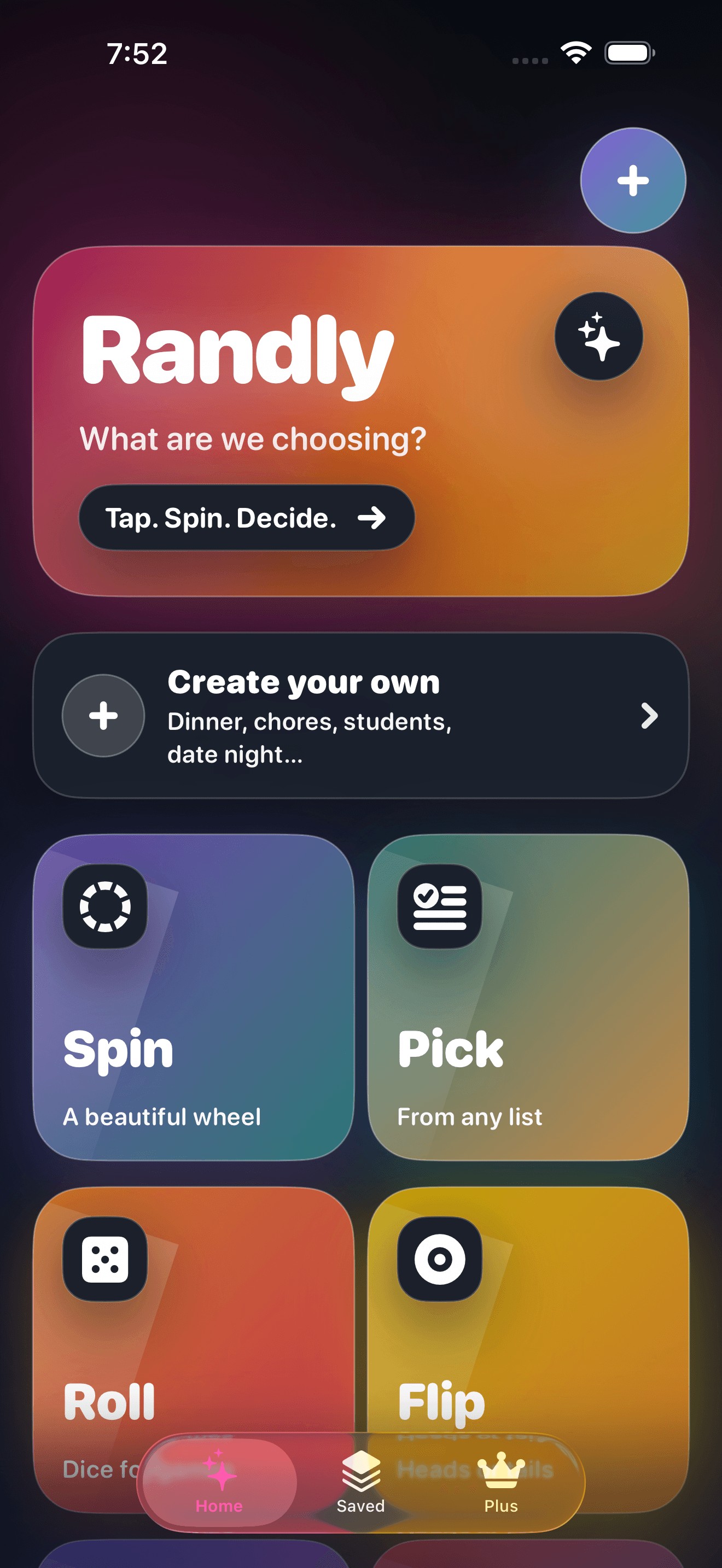 Randly home screen with Spin, Pick, Roll, Flip, Ask and Play tools