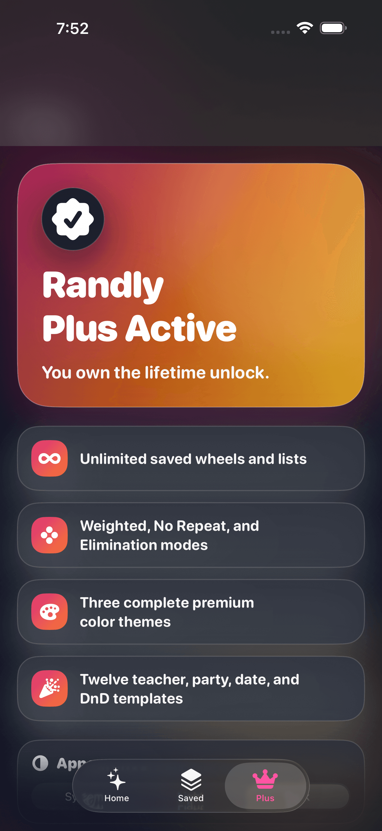 Randly Plus screen explaining its lifetime unlock